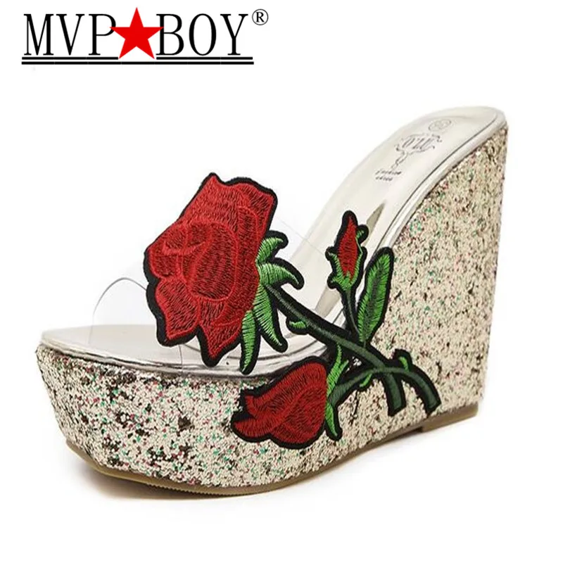 

Mvp Boy Summer Women Shoes Embroidery Transparent Platform Wedges Sandals Slippers Women Floral High Heels Flip Flops Slides