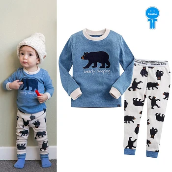 

Spring Autumn cotton boys sleepwear kids pajama 2 pcs set children nightwear blue letter embroidery cartoon bear 2 to 7 Yrs
