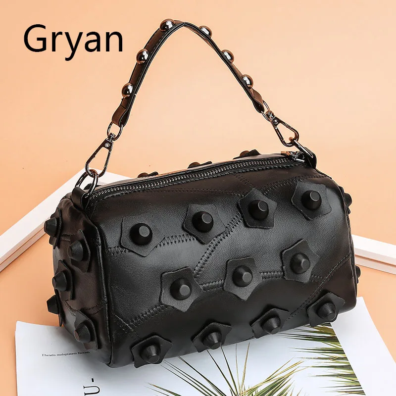 

Women Genuine Sheepskin Leather Sweet Lady Single-Shoulder Chain Strap Bag Female cylinder rivet Crossbody Barrel Bags 25