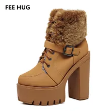 FEE HUG 2017 Women Winter Warm Motorcycle Boots Shoes Plush Fur Ankle Shorts Boots Female Thicken Heels Platform Woman Shoes