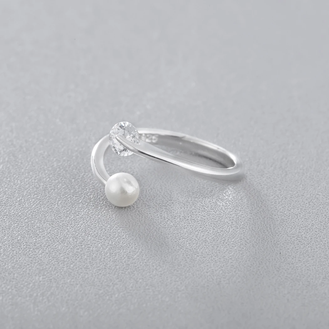 Todorova White Round Simulated Pearl Bead Tiny Rhinestones Crystal Rings for Women Adjustable Wedding Ring Silver Jewelry