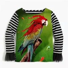 Весенне-осенняя рубашка для девочек; Детские рубашки в стиле пэчворк; рубашка; детская одежда; Полосатые блузки; блузка для девочек с принтом попугая птицы