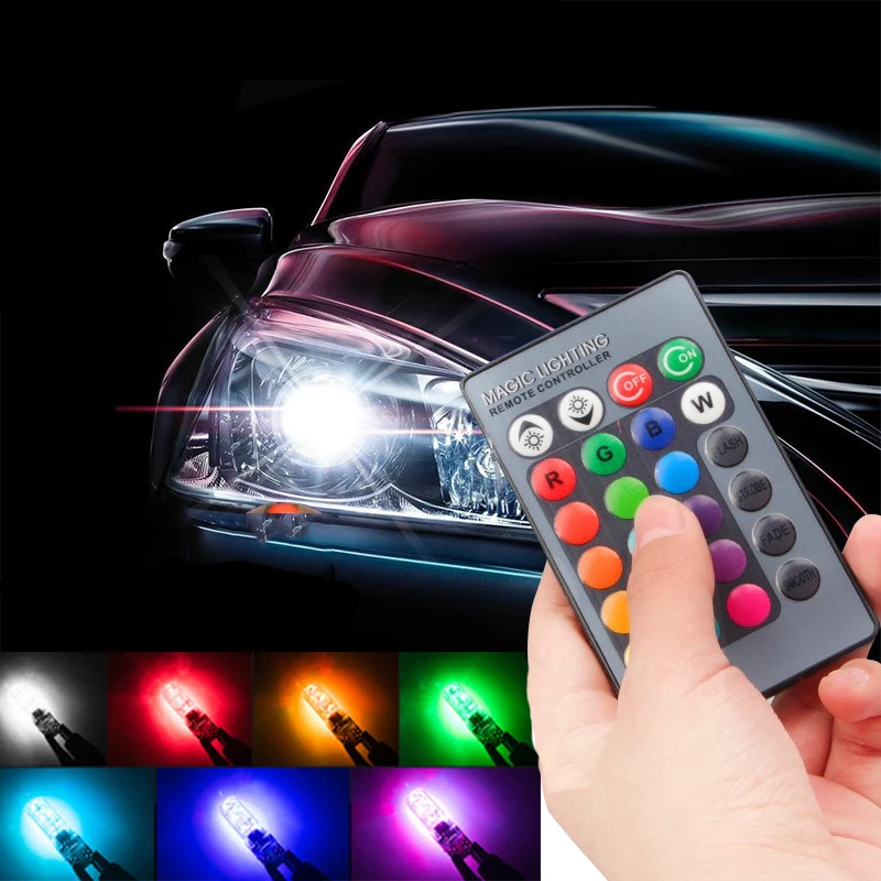 

2pcs T10 Car LED RGB 12V Light W5W Lamp Headlight Bulb Remote Control Front Headlamp Wedge Lights Auto Decoration Accessories