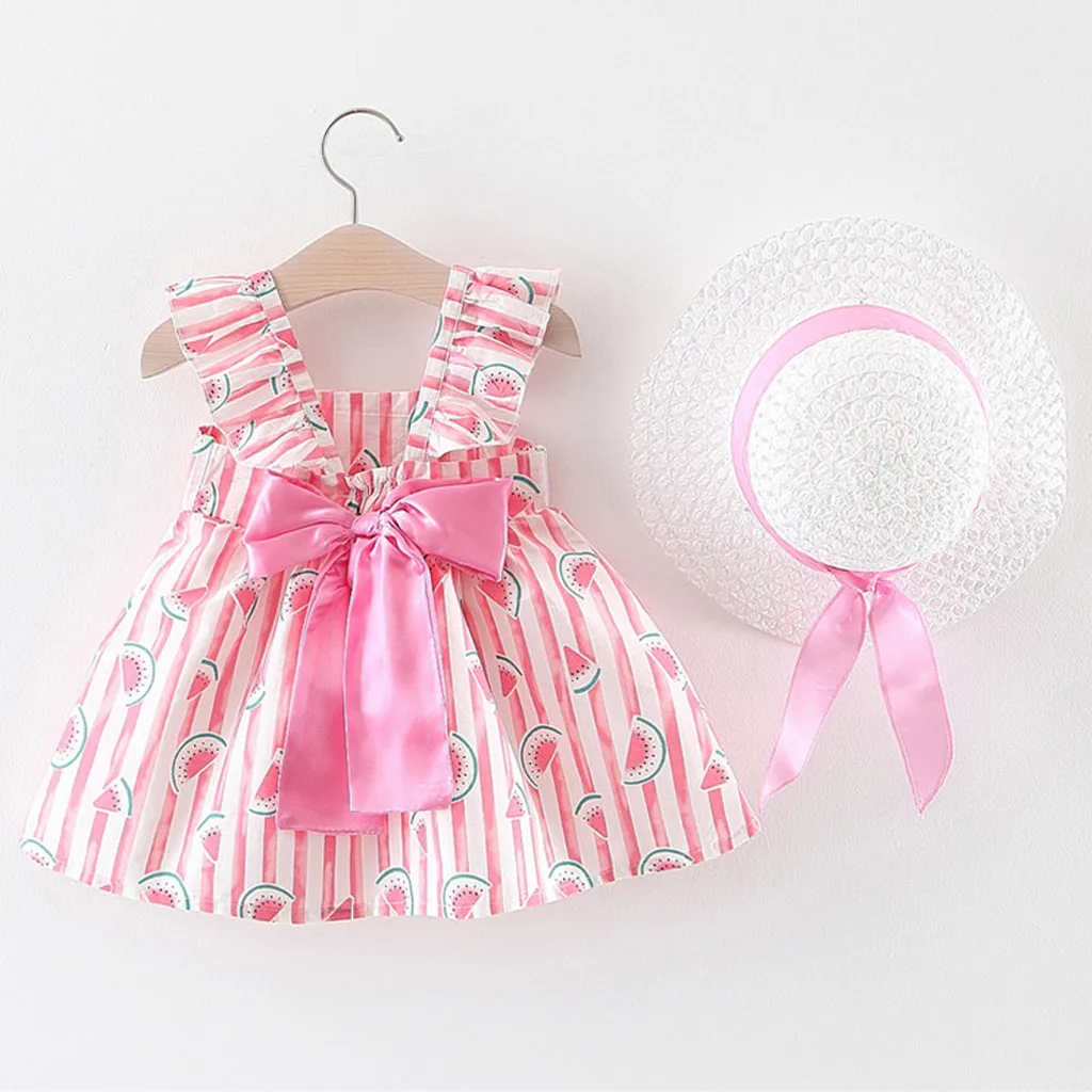 

Toddler Baby Girl Kids Dresses Summer Sleeveless Bow striped Printed watermelon Princess Dress Cute Daily Cloth Outfits Set C612