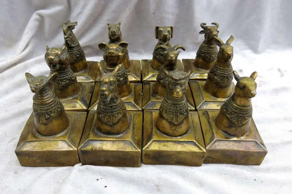 

Pure brass a set of dragon tiger twelve Chinese zodiac signs Seals Statues
