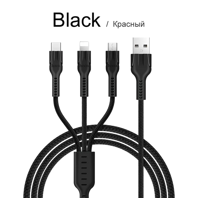 HOCO 3in1 USB Charger Cable For iPhone 11 Pro X 5 6 7 8 Android Micro USB Cable Type C For Samsung Xiaomi  Phone USB Data Cable black