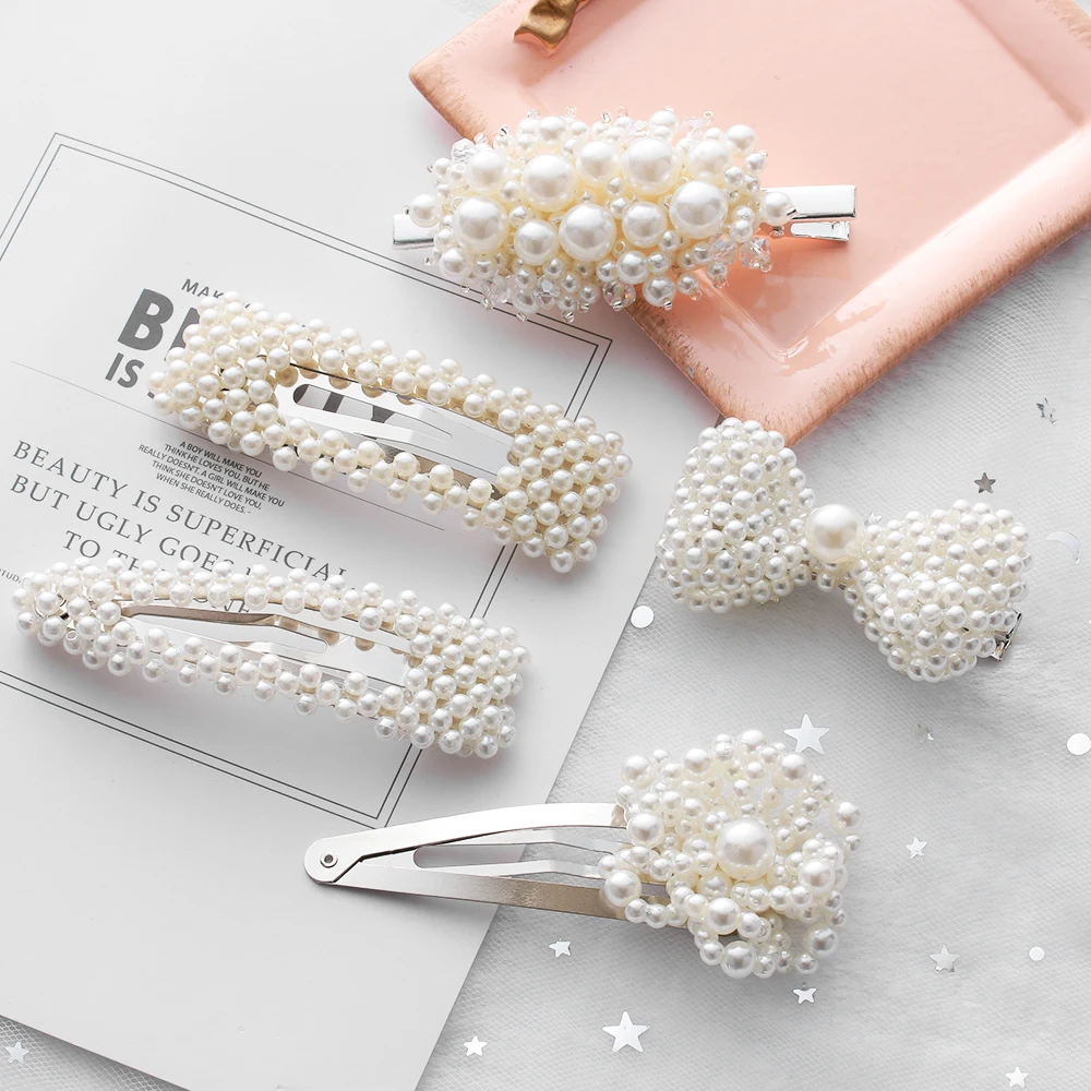 

Fashion Geometric Pattern Women Pearl Hair Clip Snap Barrette Stick Hairpin Hair Accessories Elegant Pearl Flowers Hairpins