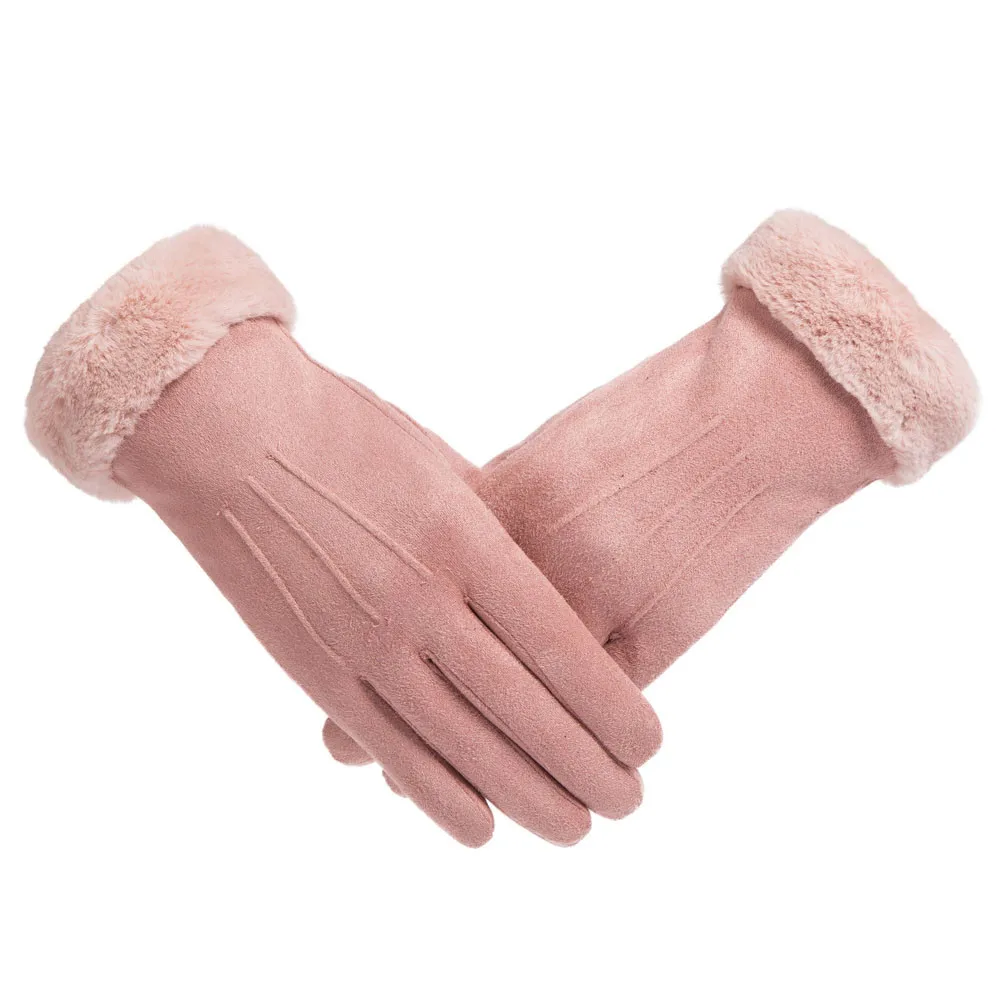 Модные женские перчатки из искусственного меха Зимние однотонные варежки теплые уличные перчатки для девочек с сенсорным экраном мягкие замшевые перчатки