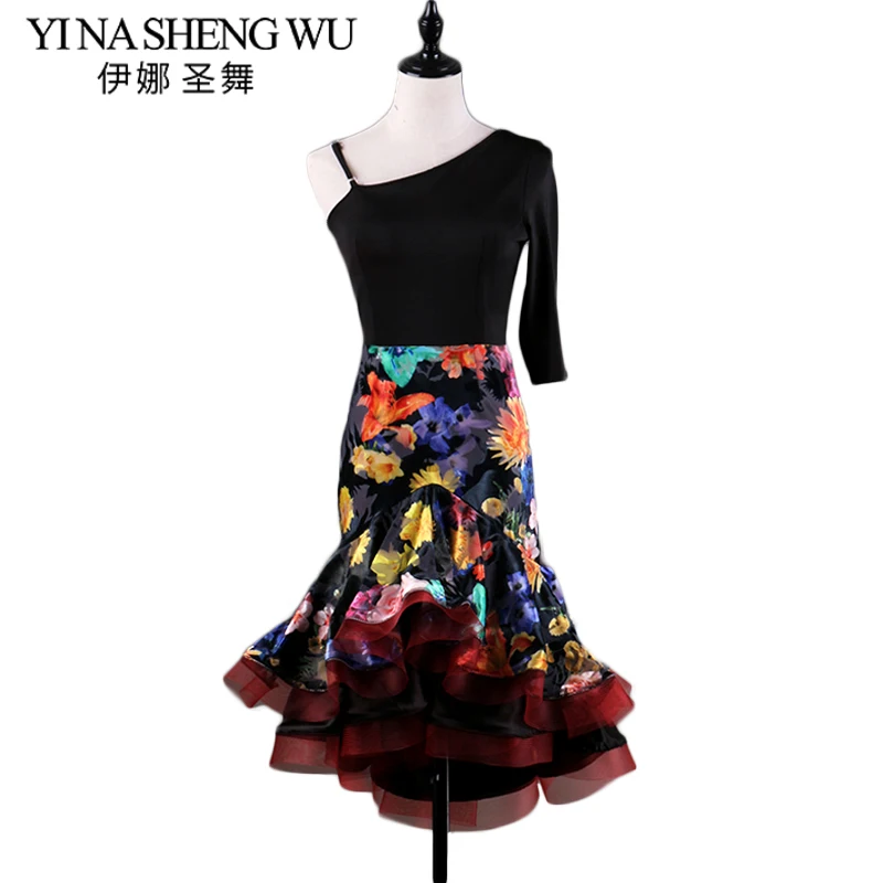 

High-grade Embroidered Latin Dance Competition Clothes Oblique Shoulder Single-Sleeve Latin Dance Professional Performance Dress