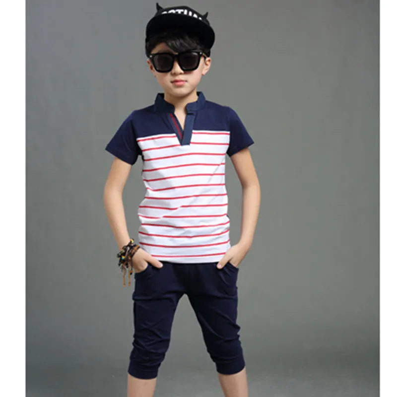 

2017 Brand Summer Boy Sport Print Stripe Clothes Sets Cotton Fashion Short Sleeve+ Short Pants Boy School Summer Clothing Sets