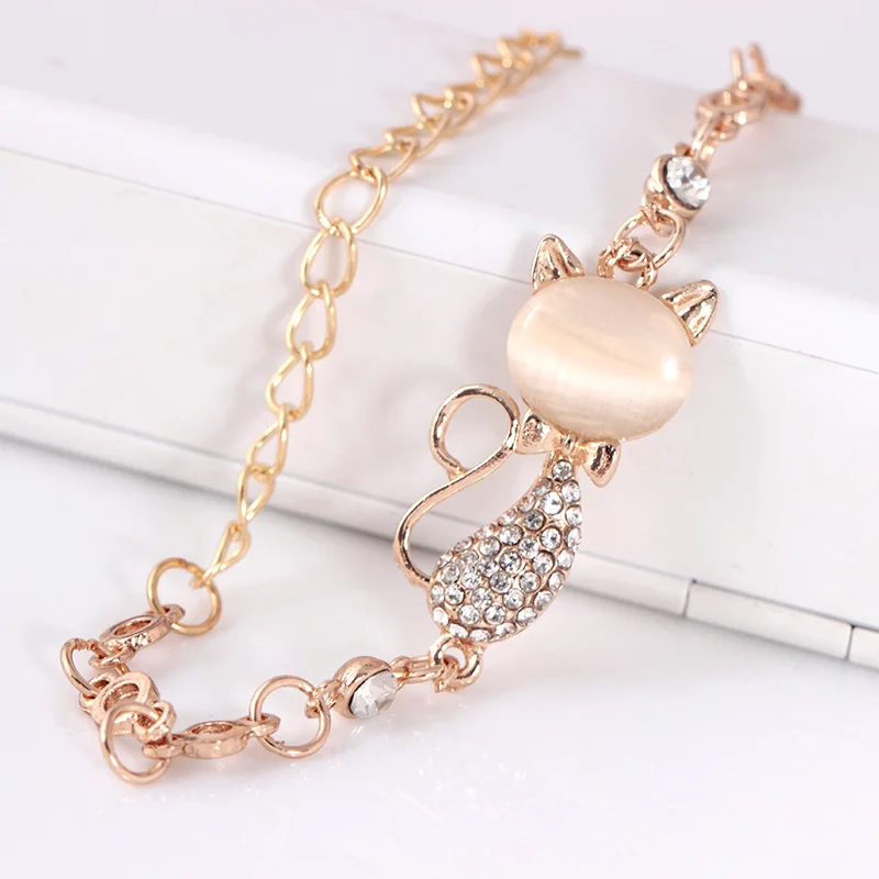 Hot Fashion Rose Gold Cute Rhinestone Cat Bracelets Charms Bracelets