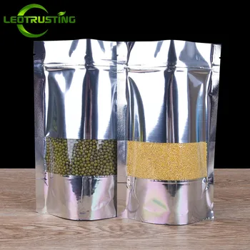 

Leotrusting 100pcs Stand up Glossy Aluminum Foil Window Zip Lock Bag Shinny Party Wedding Foil Packaging Bag Snack Coffee Bag