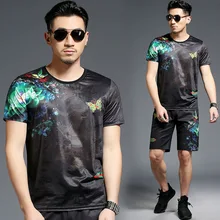 Яркая Цветочная модная повседневная футболка с принтом бабочки и шорты, костюм Лето, новые качественные мягкие дышащие мужские короткие комплекты