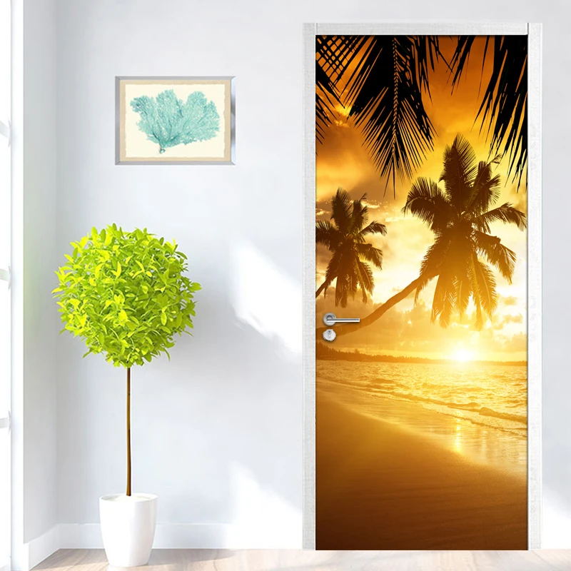 

Creative Self-adhesive Door Mural Sunset Glow Coconut Tree Seaside Scenery 3D Photo Wallpaper Living Room Bedroom Door Sticker