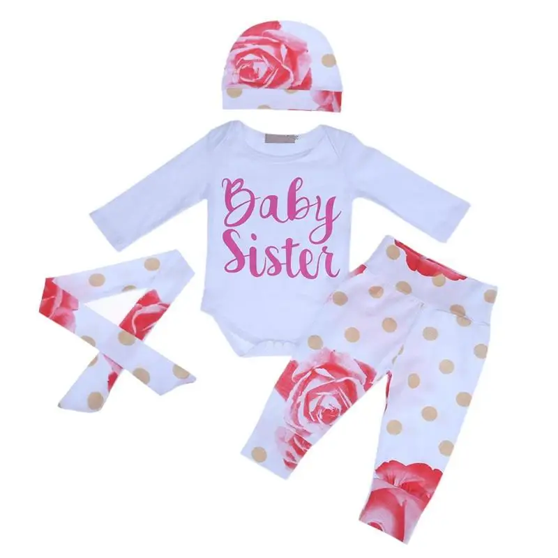 

4pcs/Set Baby Girls Flowers Dots Pattern Romper+Pants+Headband+Hat