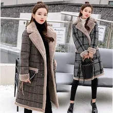 Женское зимнее осеннее длинное клетчатое шерстяное пальто, кашемировое пальто, теплая плотная одежда