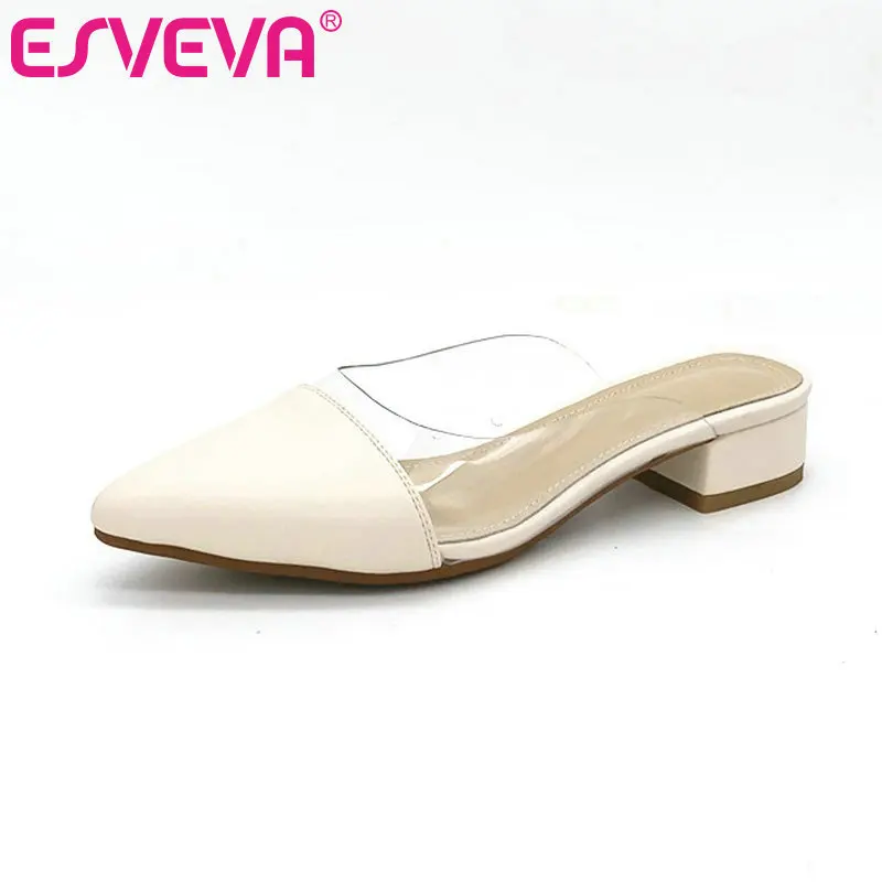 

ESVEVA 2019 Ladies Sandal Low Heel Slip On Pointed Toe Ladies Slingback Transparent Platform Women Shoes Summer Size 34-43