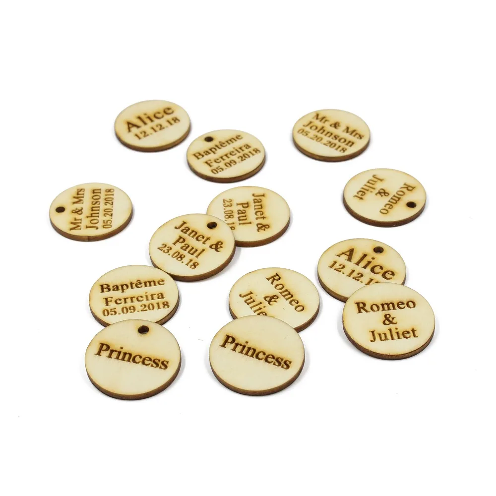

100 * Personalised Rustic Party Wine Charm Wood Round Label Birthday Favors Gift Tag Wooden Vintage Wedding Wish Tree Decoration