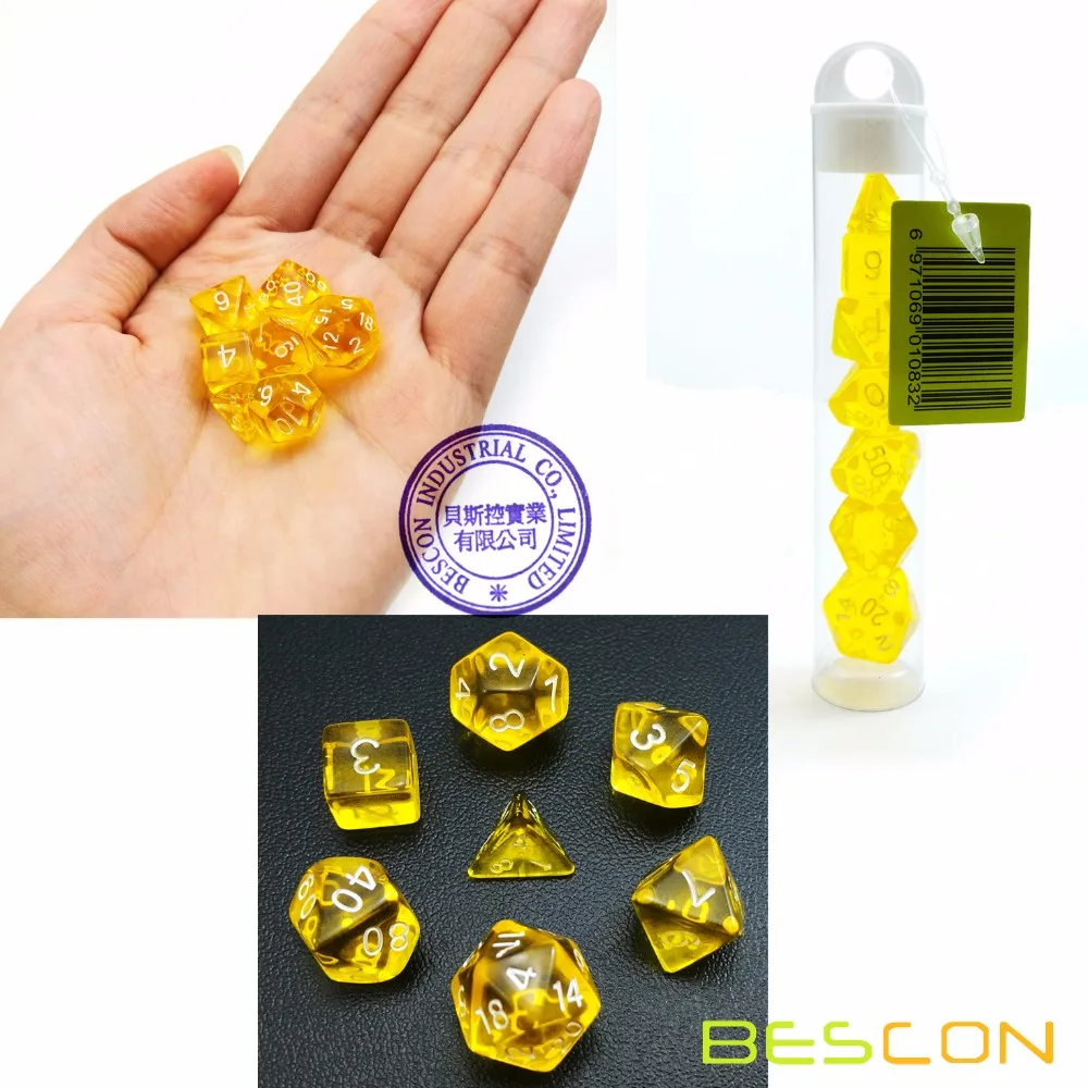 Bescon мини-полупрозрачный многогранные ролевые игры Набор Игральный костей 10 мм, ролевые игры Набор Игральный костей D4-D20 носки без пятки, прозрачный желтый