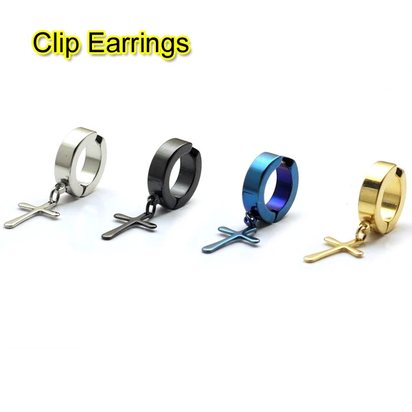 

Newest ear cuff 15mm Cross Pendients No pierced Silver Black Blue Gold colors titanium steel Men Ear clip on earrings bijoux