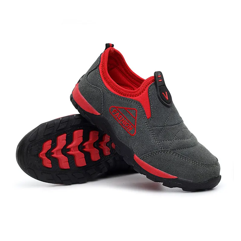 Детская повседневная обувь для мальчиков; кроссовки из натуральной кожи; высококачественные повседневные ботинки для мальчиков; спортивная обувь с резиновыми пуговицами; европейские размеры 28-40 - Цвет: gray red