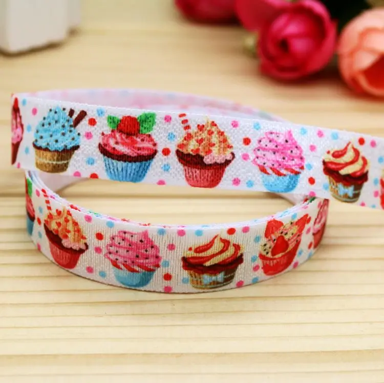 

DHK 5/8'' 5yards Fold Elastic FOE cupcake printed headband headwear hairband diy decoration OEM Wholesale C234