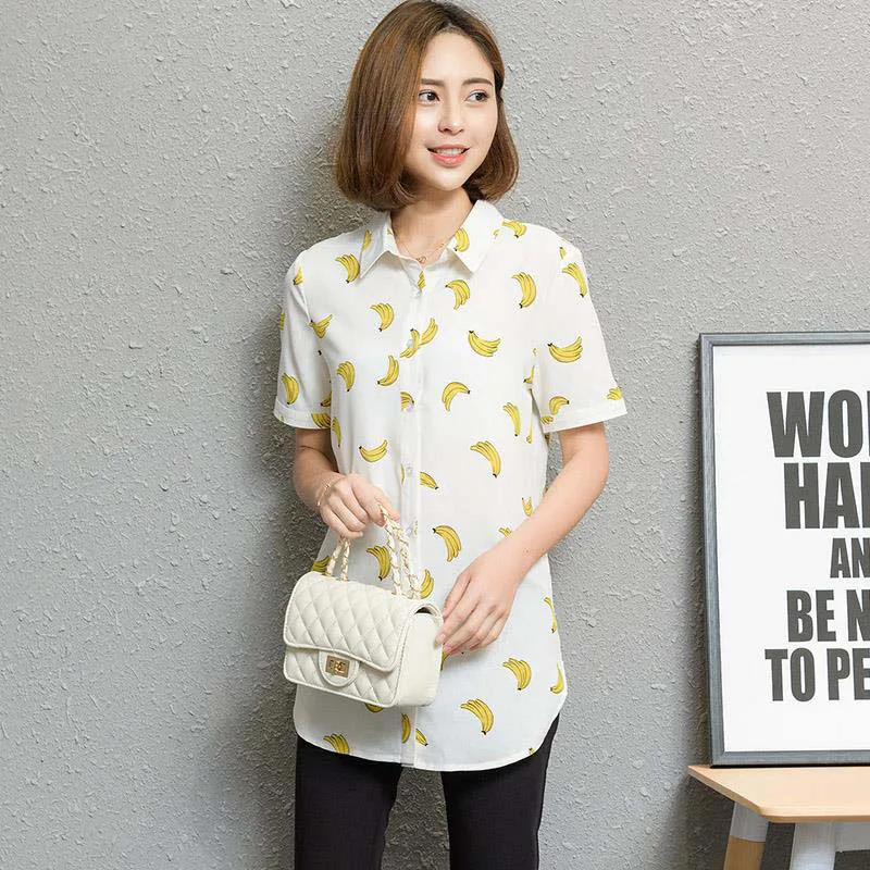 طويل نمط المرأة الربيع الصيف الشيفون البلوزات قمصان سيدة عارضة الموز نجوم الطيور المطبوعة Blousas قمم الأنثوية DF1690