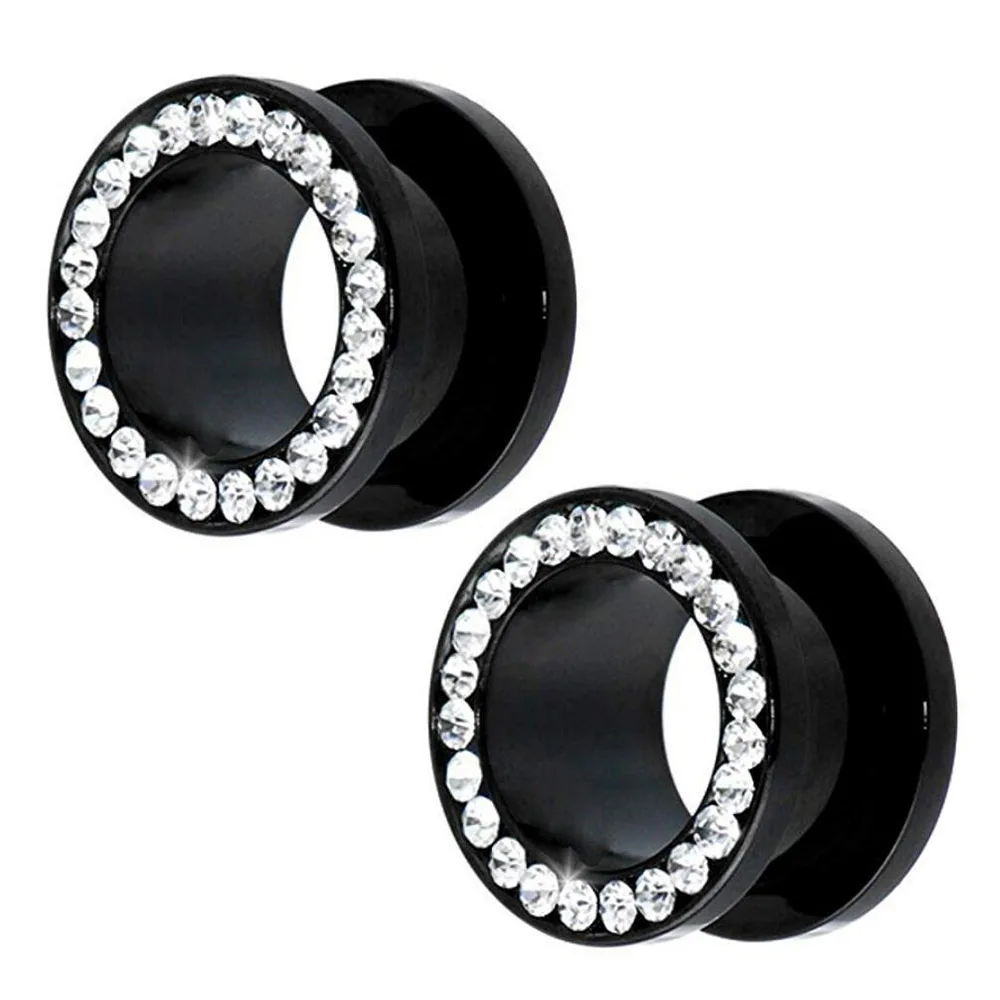 ACRYLIC SCREW BACK FLESH TUNNEL EAR PLUG WITH ACRYLIC RHINESTONES DIAMOND GEMS