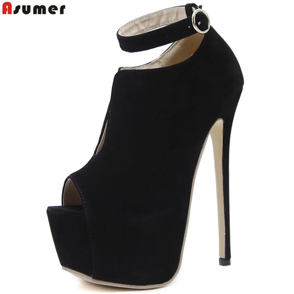 

ASUMER black spring autumn peep toe buckle ladies pumps super high sexy prom shoes flock thin heel women high heels shoes
