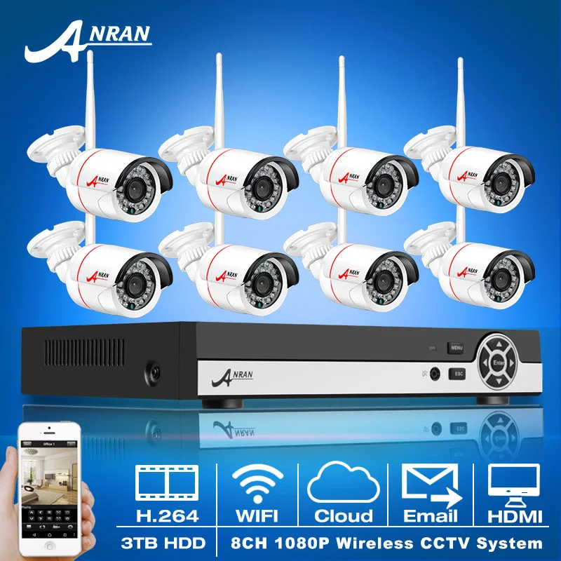  8CH H.264 NVR Video Surveillance Kit 3TB HDD 2MP HD Bullet Waterproof Wireless WIFI Network IP Camera 1080P CCTV Camera System 