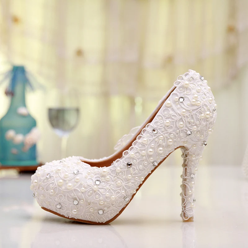 Free Shipping Plus Size Lace Wedding Shoes White High Heel Bridal