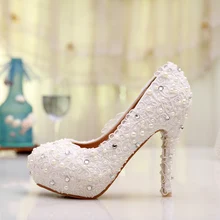 Free Shipping Plus Size Lace Wedding Shoes White High Heel Bridal Shoes Comfortable Bridesmaid Shoes Prom Evening Dress Pumps