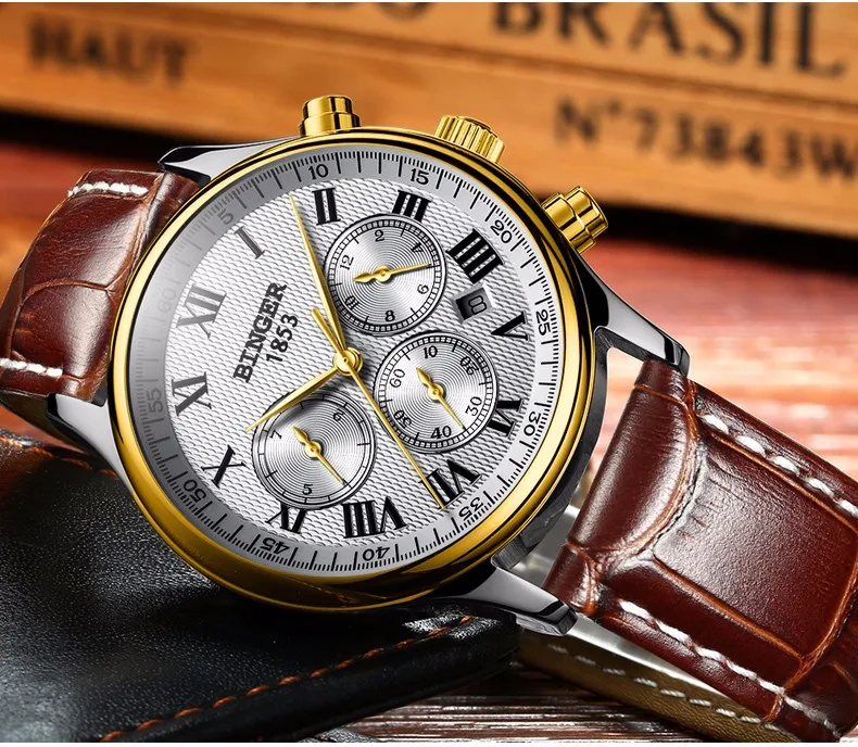 Watches Men Luxury Brand BINGER Automatic Mechanical Watch Waterproof Calendar Leather Wristwatch relogio masculino