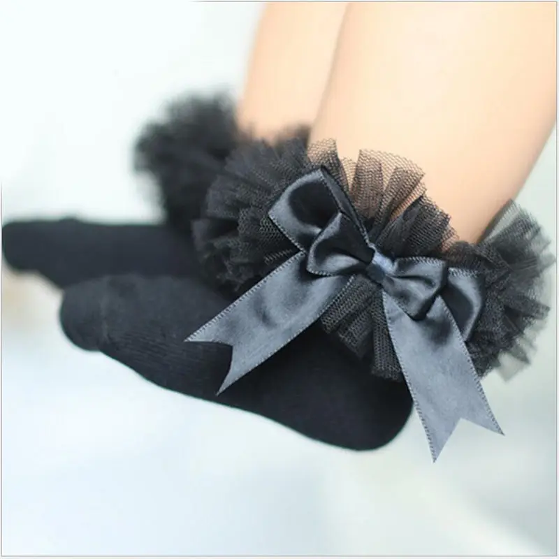 Разноцветный для маленьких девочек хлопковая бантом с кружевными рюшами отделкой носки до лодыжки - Цвет: Черный