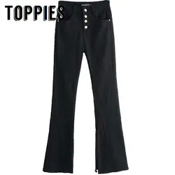 Для женщин колокол расклешенные джинсы Высокая талия черная кнопка рог джинсы однотонные Винтаж узкие джинсовые штаны полной длины