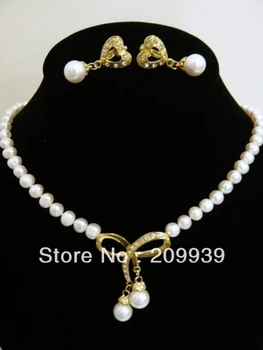 

free shipping 001925 green lab fine stone White Pearl Red Coral Necklace Set Crystal Pendant Earrings