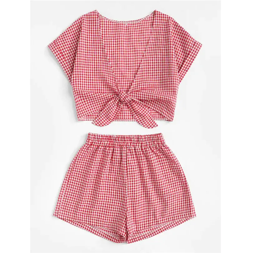 V Neck Bandage Crop Top Mid Waist Summer Shorts Women Set Plaid Sexy 2 Piece Set Women Short Sleeve Chandal Mujer 40AP2908