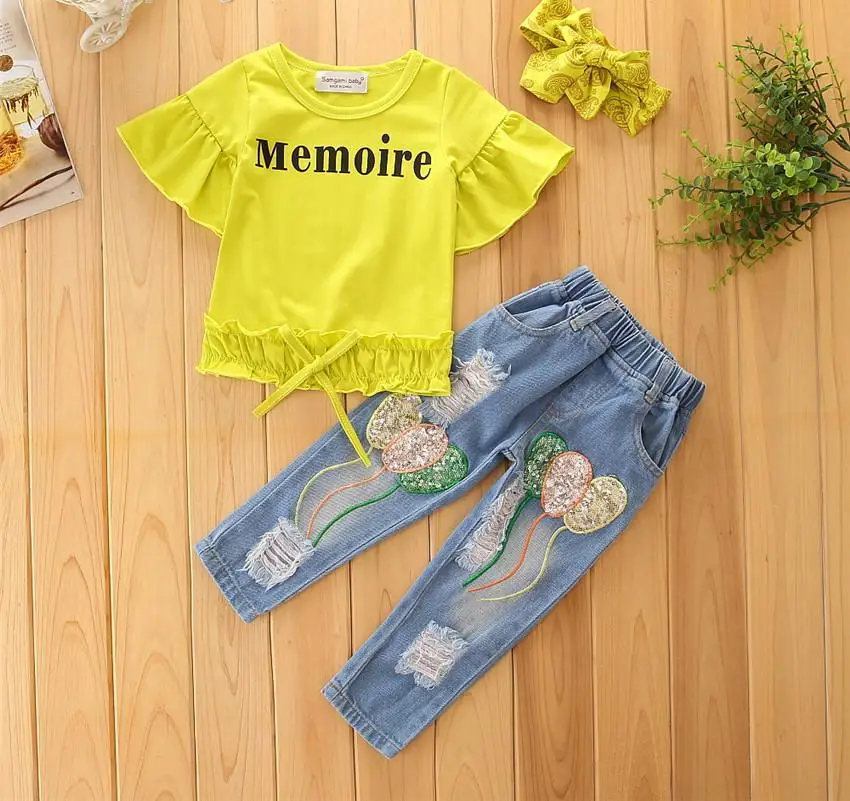 

Kids Girl Clothing Cowboy Sets 2018 Summer Fashion Short Sleeve Pullover Blouse Hole Sequins Jeans 2pcs Sets Baby Clothes 5cs025