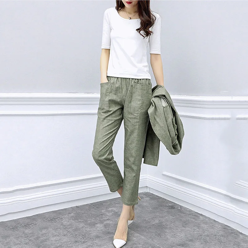 Spring Suit 2018 New Women Two-piece Cotton and linen Suit Jacket Nine Pants Casual Fashion Workplace Executive Suit Ladies yh33