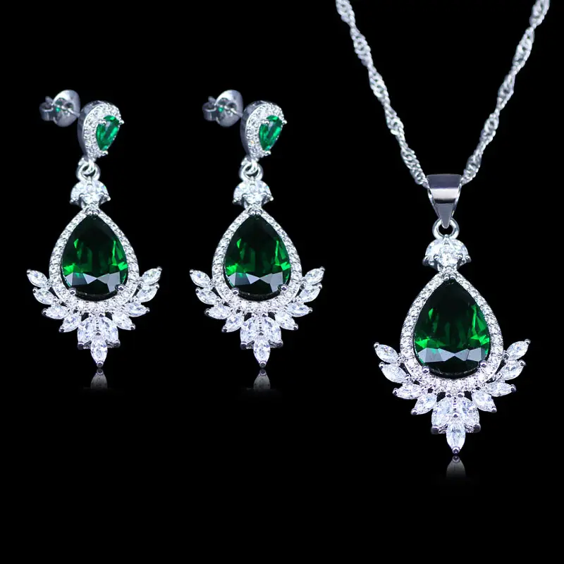 

Best Christmas Gift Elegant Green Stone Zircon Women's 925 Stamp Silver Color Jewelry Sets Drop Earrings/Pendant/Necklace
