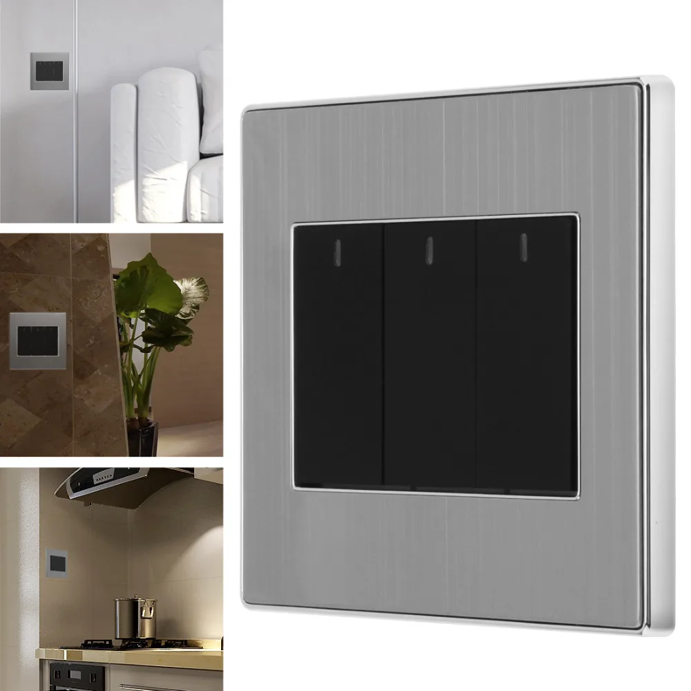 

Waterproof 3 Gang 1 Way Wall Switch 250V 10A Control Brushed Stainless Steel Click Wall Switch Panel with LED Indicator Light