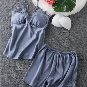 

Ladies Sexy Silk Satin Pajama Set Lace Pyjama Set Sleeveless Pijama Set V-neck Sleepwear Summer Home Wear Sleep Wear For Women