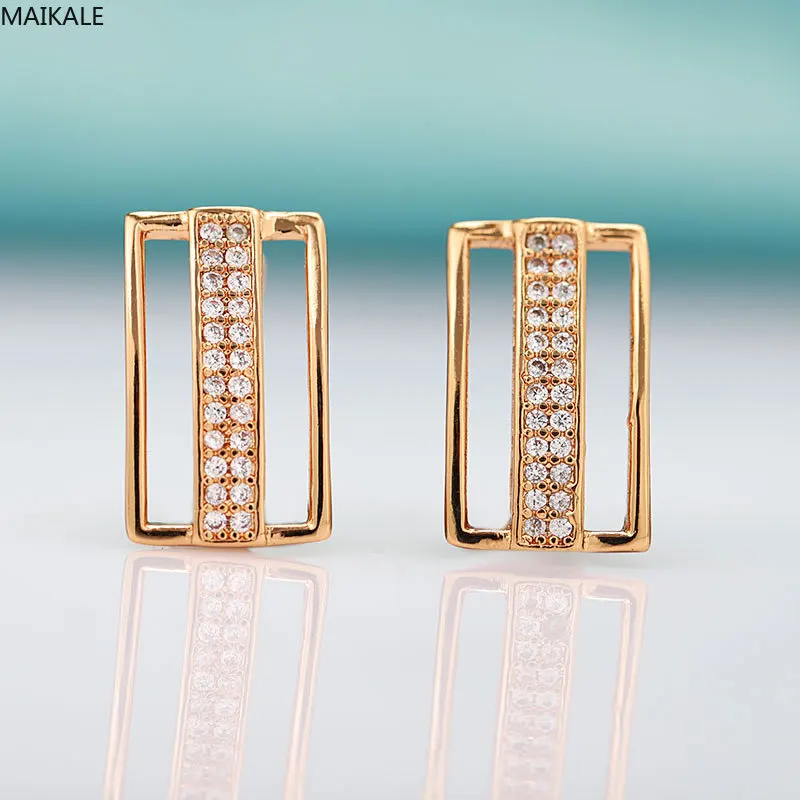 

MAIKALE Trendy Two Layers geometric Cubic Zirconia Stud Earrings Fine Jewelry Rose Gold Korean Earrings For Women Jewelry Gift