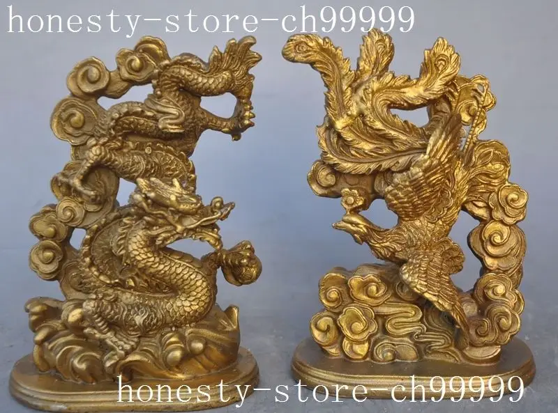 

christmas Chinese Folk Fengshui Brass Zodiac Dragon Phoenix Bird Auspicious Statue Pair halloween