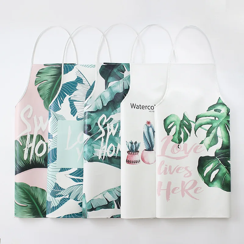 

HMS Adult Cactus Green Leaf Sleeveless PU Water Oil-proof Apron Antifouling BBQ Kitchen Apron 1404