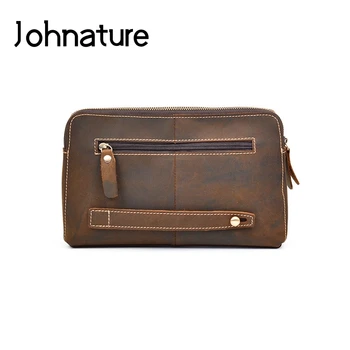 

Johnature 2020 New Fashion Genuine Leather Men Clutch Bags Crazy Horse Leather Vintage Solid Brown Leisure Large Clutch Wallet