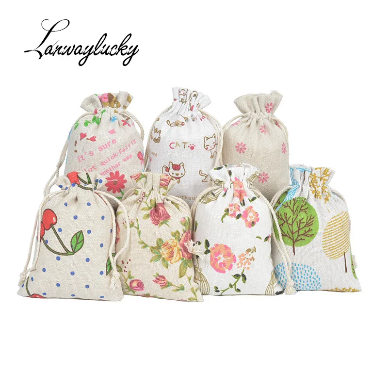 

100pcs/lot 10x14cm Drawstring Gift Bags Wedding Christmas Party Favors Packaging Jewelry Pouches Flower Pattern Cotton Bag Pouch