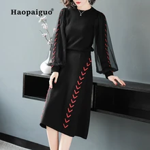 Plus Size 2 Piece Set Women Winter Black Lantern Sleeve Blouse and A-Line Elegant Casual Midi Wrap Dress Women Two Piece Set lc6181 2 ruched wrap midi dress black free size