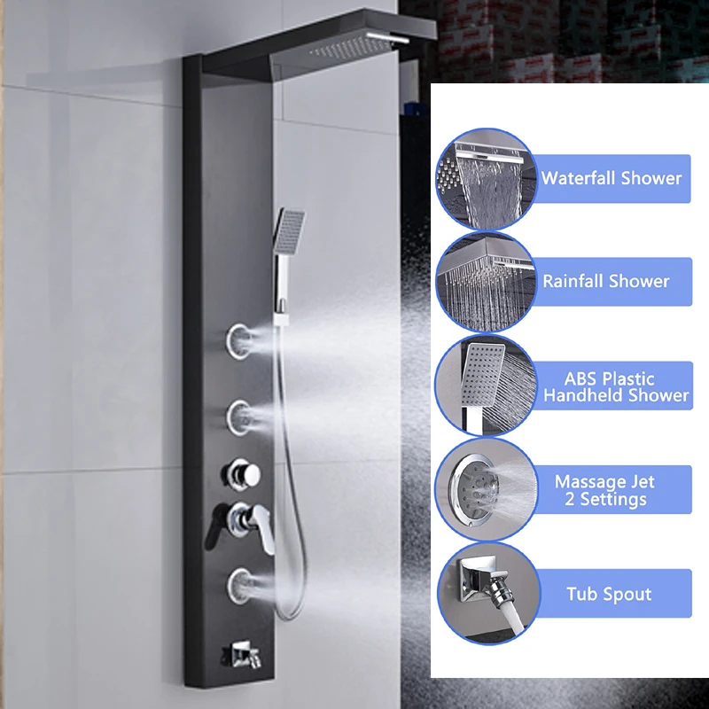 Rain Brushed Nickel Shower Waterfall Panel Body Massage Jets Tub Sput