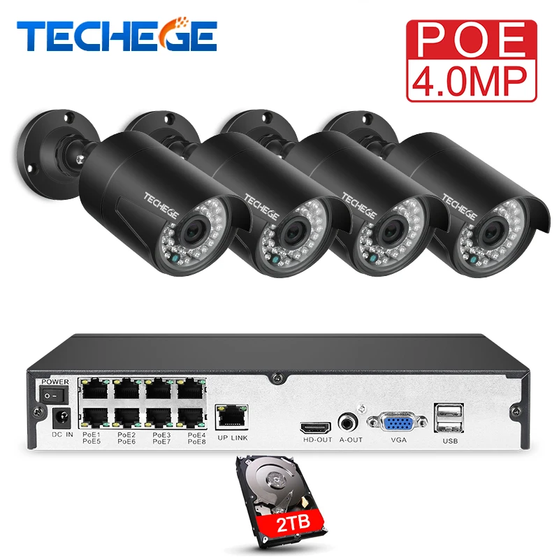 Techege H.265 8Ch 4MP POE NVR CCTV Camera System 4MP POE IP Camera 2560*1440 Outdoor Waterproof